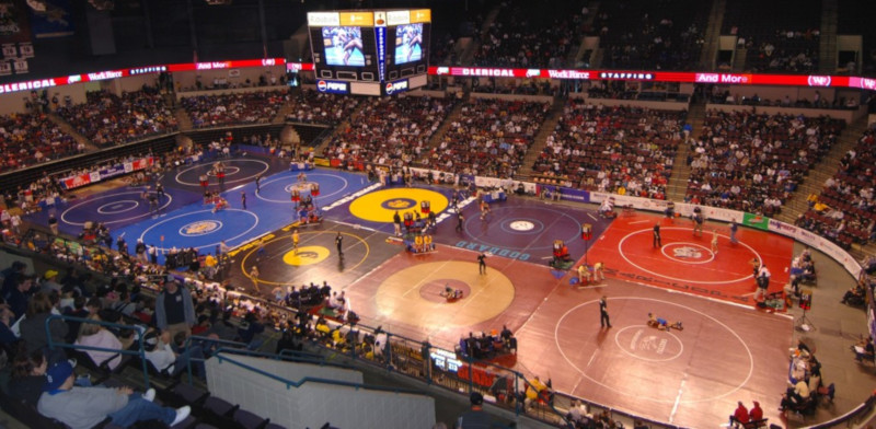 Rabobank Arena, Theater and Convention Center, view from top of the stands at multiple wrestling matches taking place.