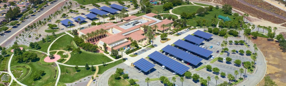 Rancho Cucamonga, California aerial view showing solar panels over parking.