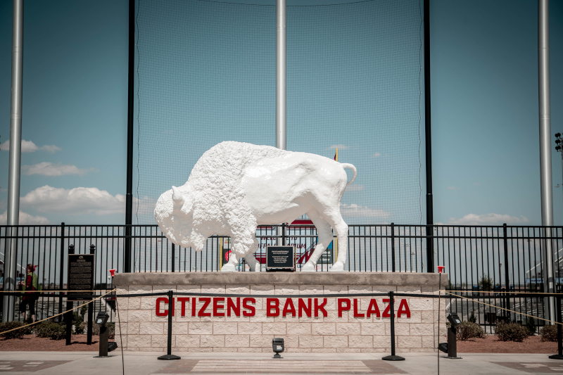 Buffalo Stadium white buffalo statue with text under for Citizens Bank Plaza.