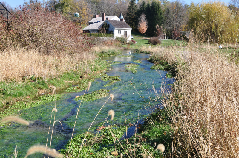 Ecotone limestone stream restoration showing a house in the background with a stream flowing to the foreground.