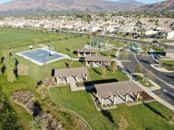 Fillmore, California aerial view of community area and homes behind.