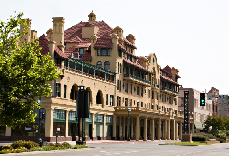 Stockton, California Historic Hotel street view.