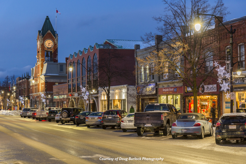 Collingwood, Ontario city street at night.