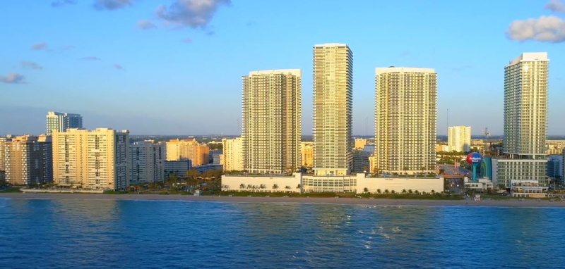 Hallandale Beach, Florida high rise buildings waterfront view.