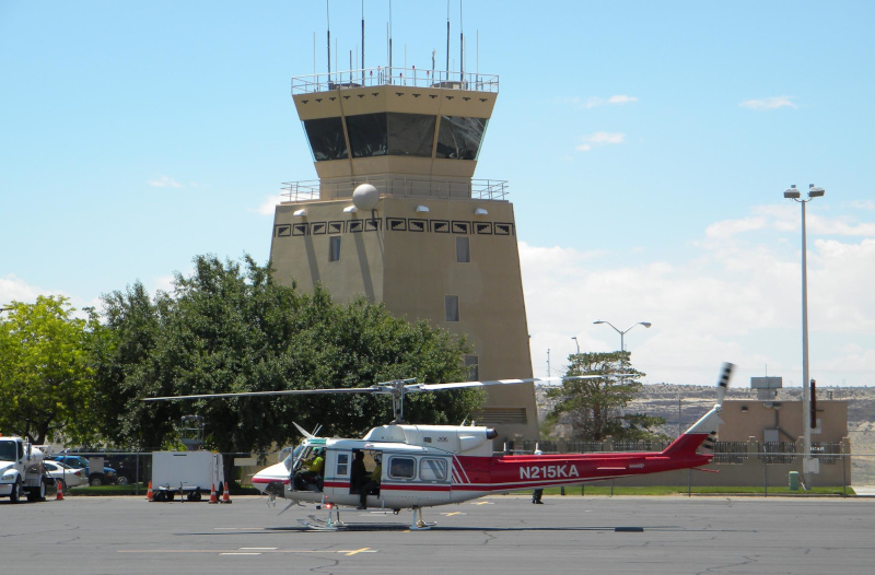 Four Corners Regional Airport helicopter in front of the control tower.