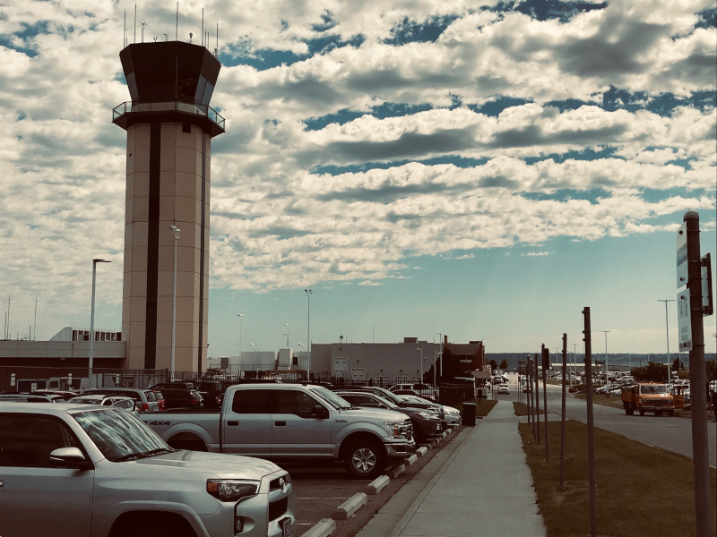 Billings Logan International Airport terminal with clouds.