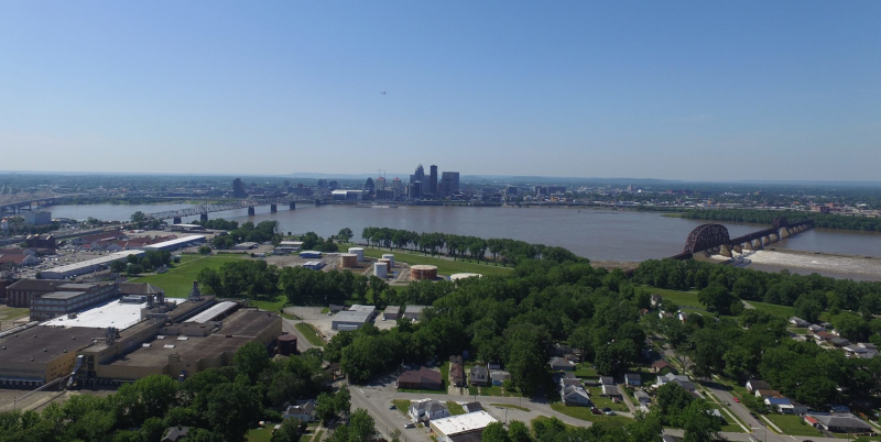 Clarksville, Indiana aerial view of city and river.