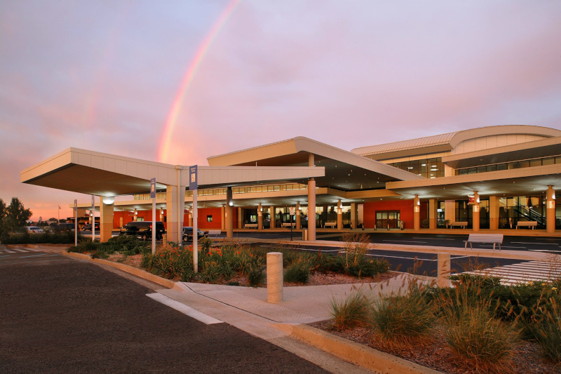 The Kalamazoo / Battle Creek International Airport terminal with a rainbow.