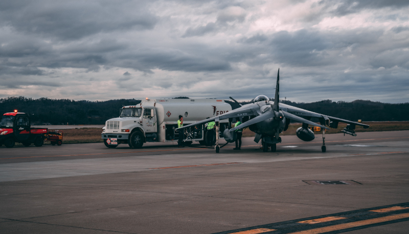 Yeager Airport military jet being refueled.