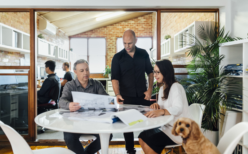 Destination Living, meeting at a table going over papers with a dog on a chair.