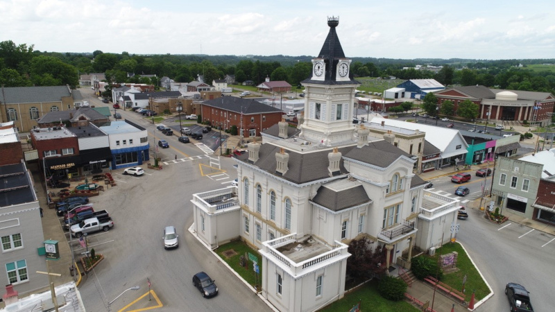 Adair County, Kentucky aerial view of the courthouse.