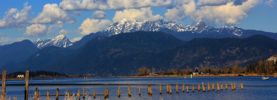 Pitt Meadows, British Columbia Lake view with a mountain in the background.