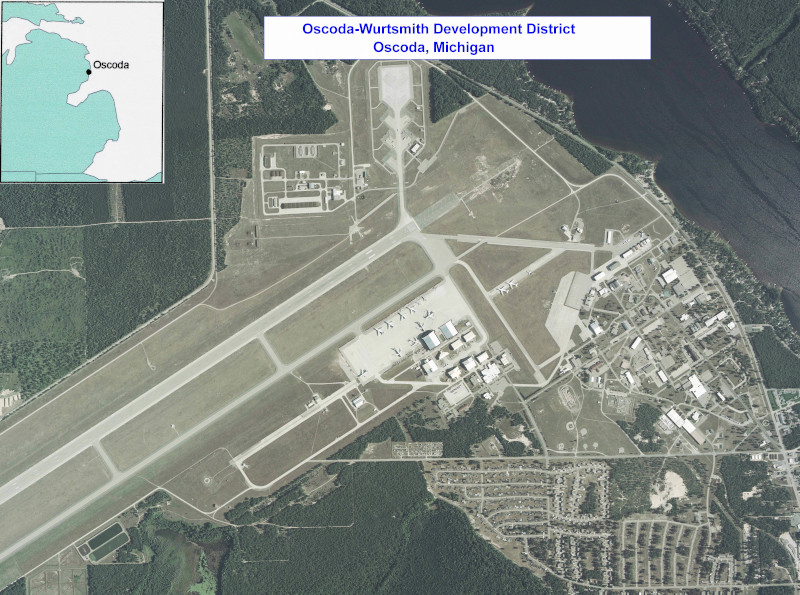 Oscoda-Wurtsmith Airport OWA aerial view with a map overlay