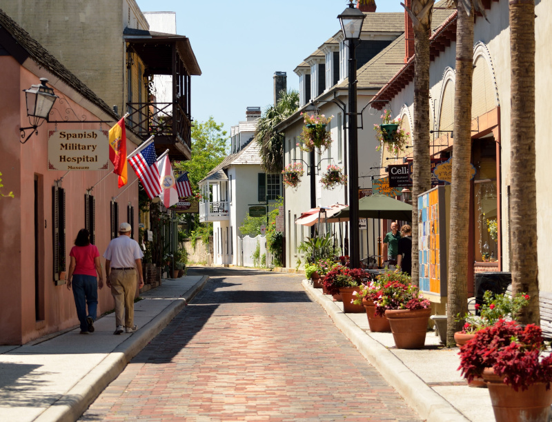 St. Johns County, Florida Aviles Street with two people walking away