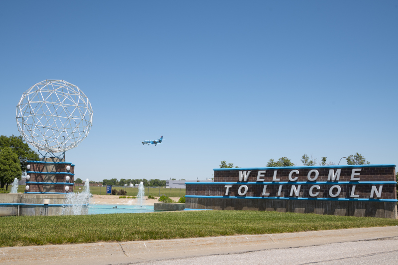 Lincoln Airport Welcome to Lincoln sign.