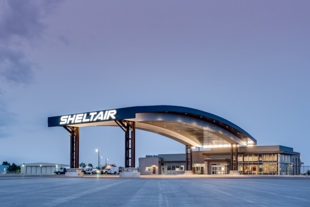 Rocky Mountain Airport KBJC Sheltair FBO exterior view.