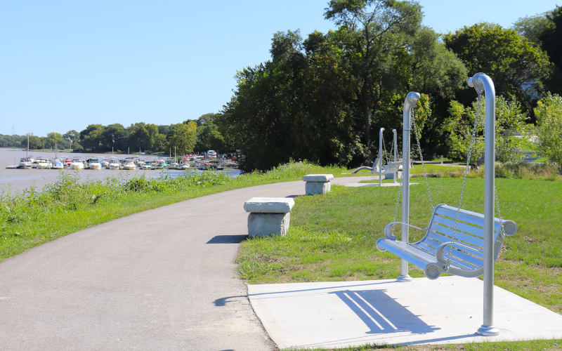 Perrysburg, Ohio bench and walkway with boats behind