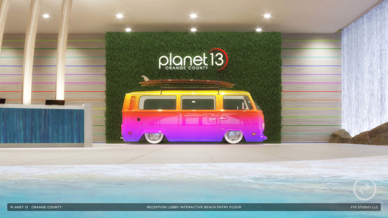 Planet 13 Holdings Inc. Santa Ana interior multi colored rainbow bus