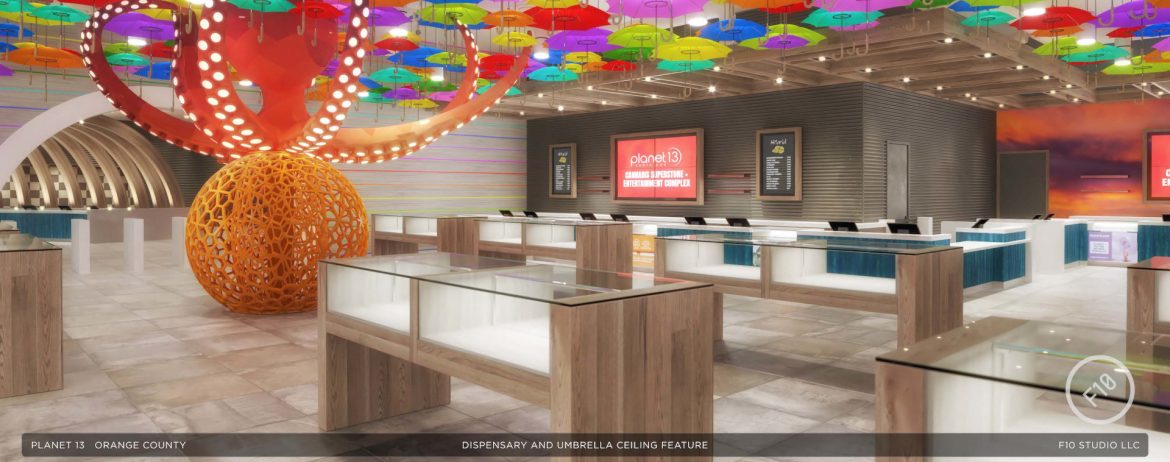 Planet 13 Holdings Inc. Santa Ana interior with multi colored rainbow ceiling.