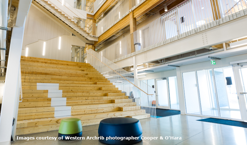 Canadian Wood Council example of wood stairs courtesy of Western Archrib Photographer, Cooper & O'Hara