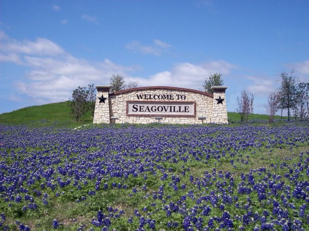 Seagoville, Texas welcome sign with flowers around